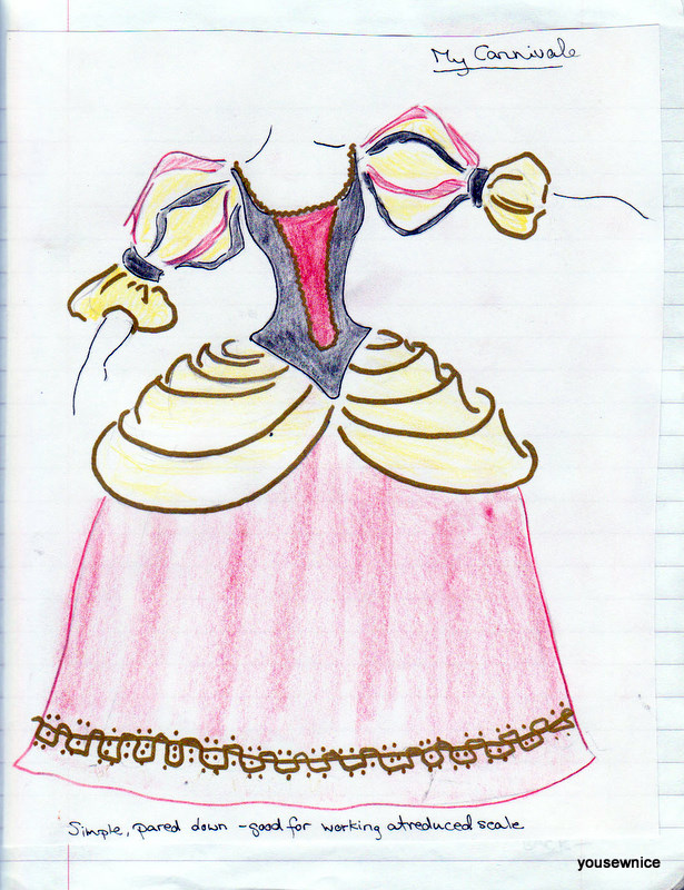 A hand-drawn sketch of a red black and gold costume for the Comedia Dell'arte