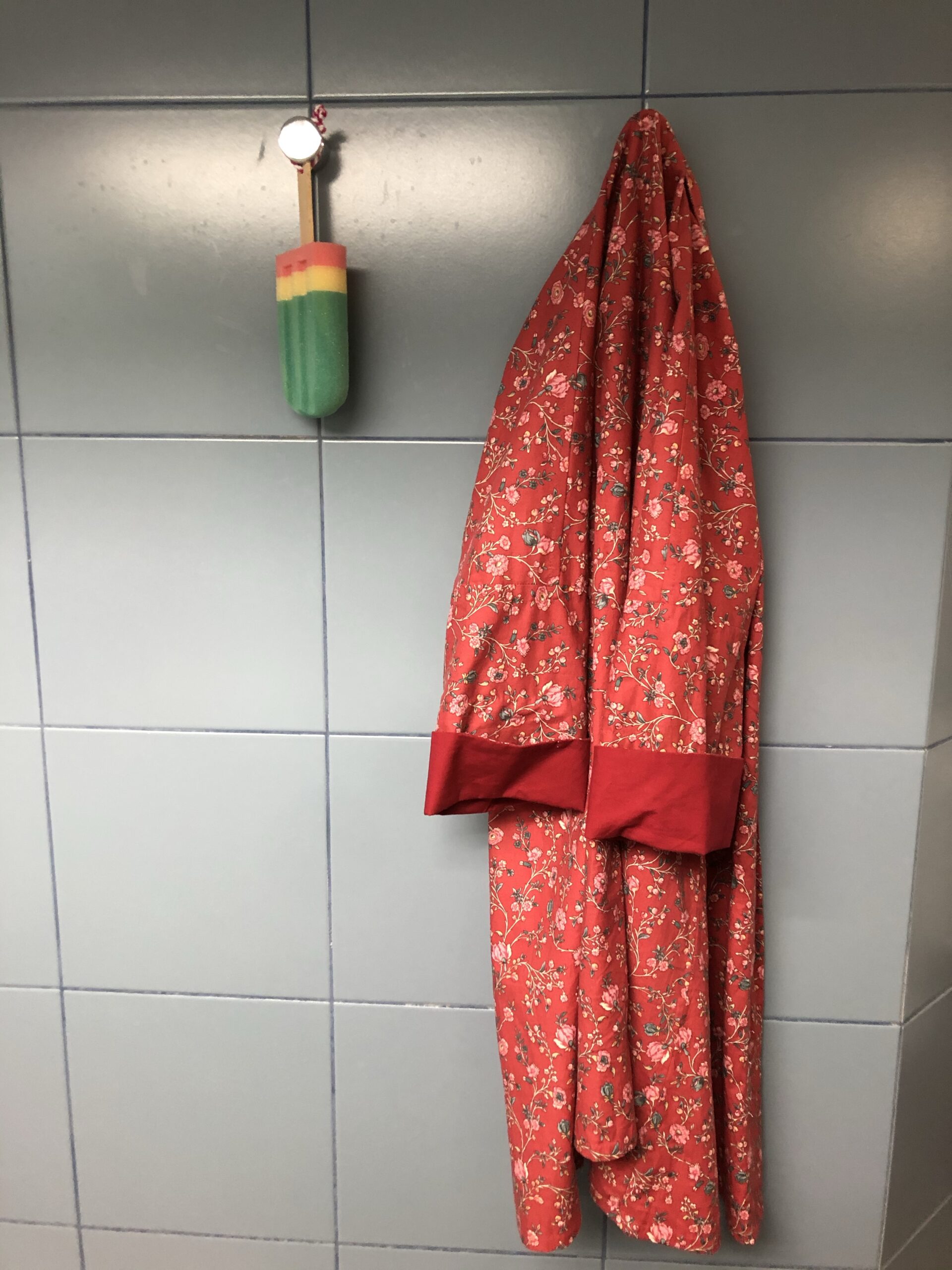 A red floral dressing gown hangs on a hook from a grey tile bathroom wall.