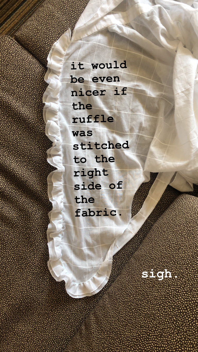 A white cotton mantelet lies on a brown cushion. Text is across the image.