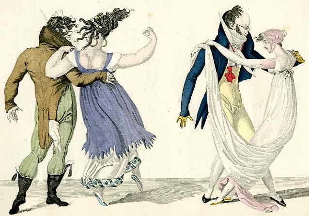 satirical cartoon of high fashion incroyables and merveilleuses dancing