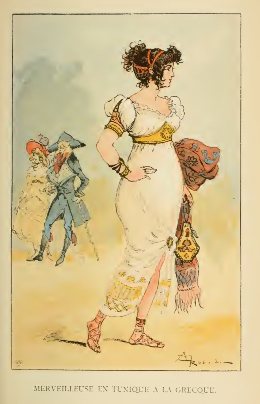 satirical print of a high fashion french merveilleuse dressed in a grecian inspired ensemble and hairstyle