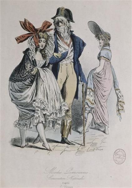 satirical cartoon of an incroyable with two high fashion merveilleuses