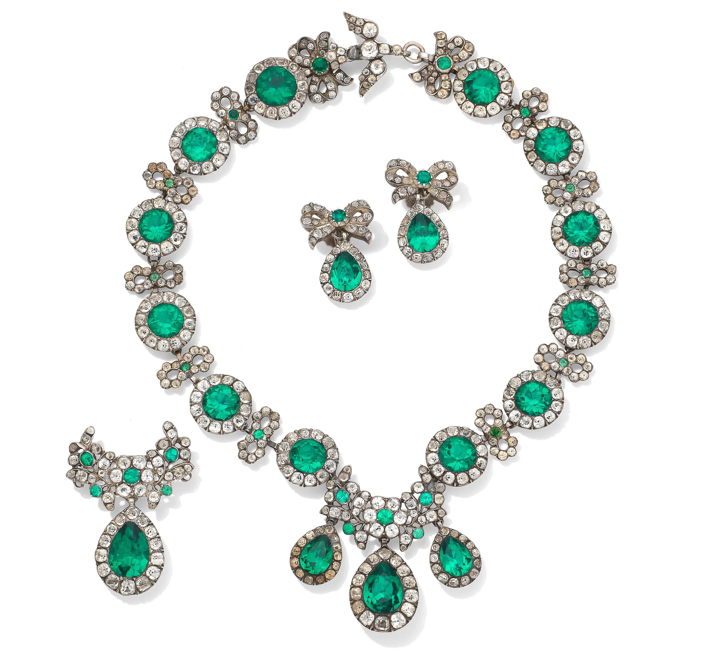 a parure of 18th century portuguese paste jewelry - comprising a diamond and emerald necklace, earrings and brooch
