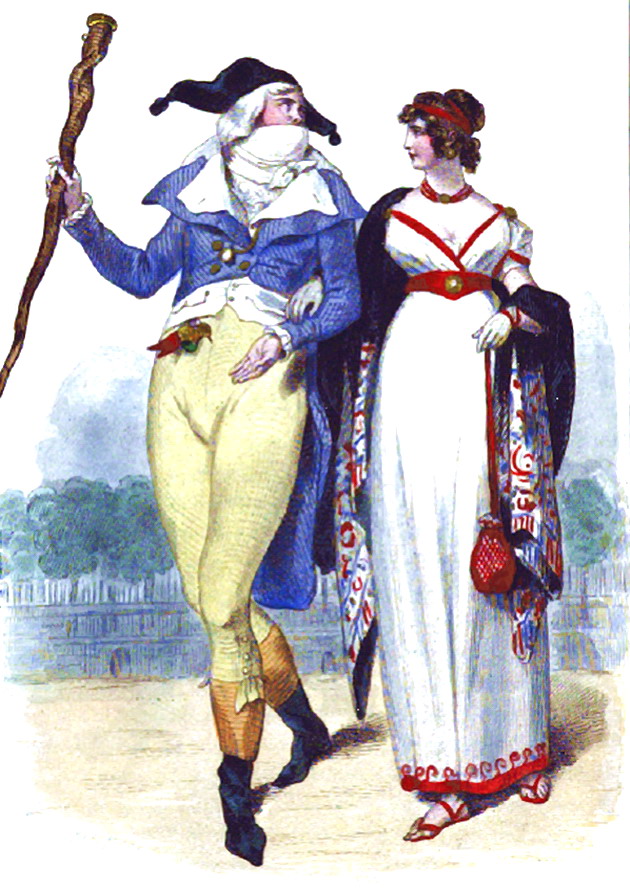 period sketch of a french  incroyable and and a high fashion merveilleuse