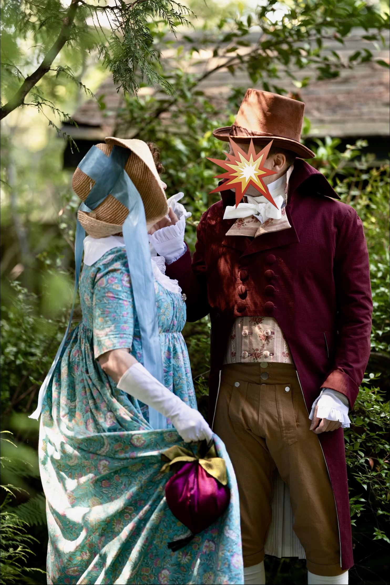 A man and a woman in regency clothing stand facing each other. Her face is obscured by a large straw hat. His face is obscured by a firebolt emojo