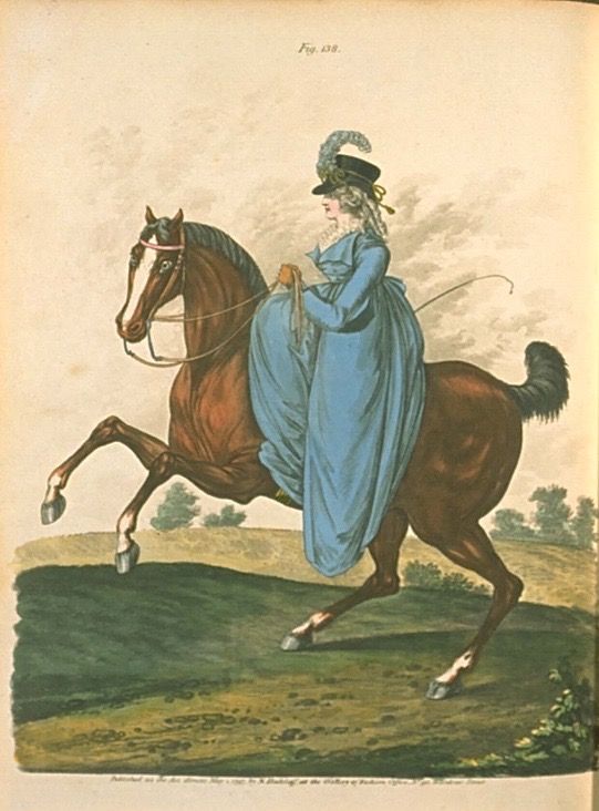 1797 fashion plate of a woman riding a horse and wearing a blue riding habit