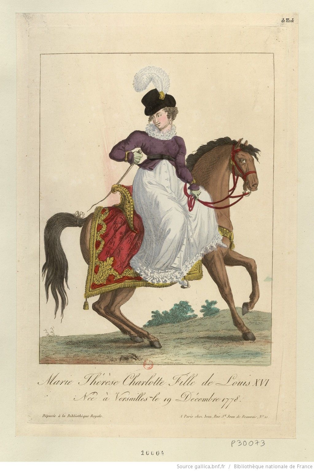 1798 fashion print of a lady sitting on a horse and wearing a white ruffled dress with a purple spencer and black hat with a giant white feather