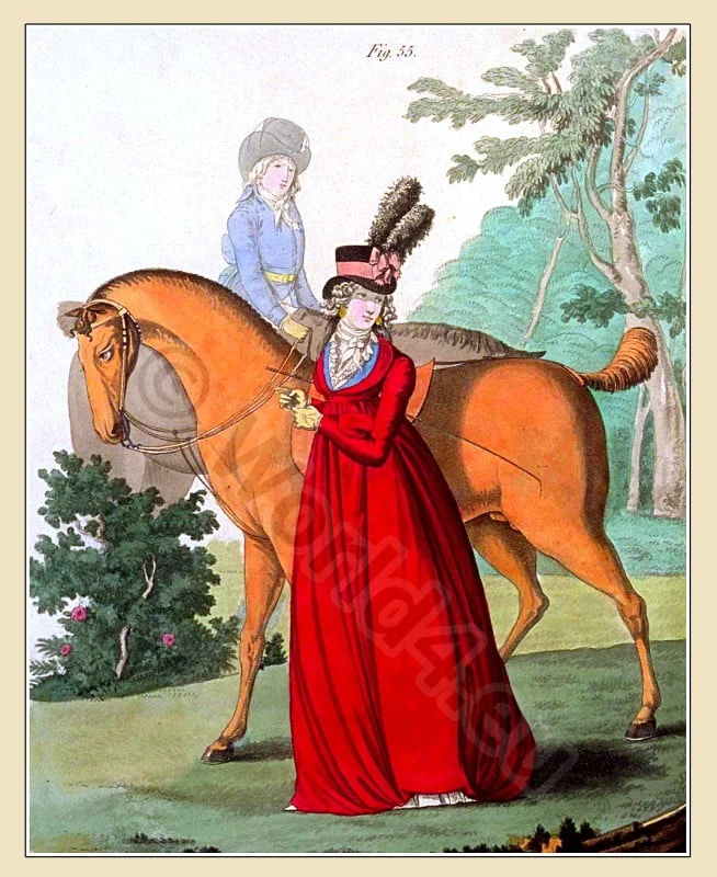 1795 fashion plate showing a woman in a red riding habit and a black hat with feathers.