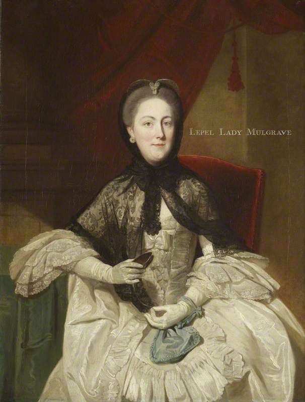 Three quarter view of a seated woman wearing a white sack back gown and a black lace mantelet