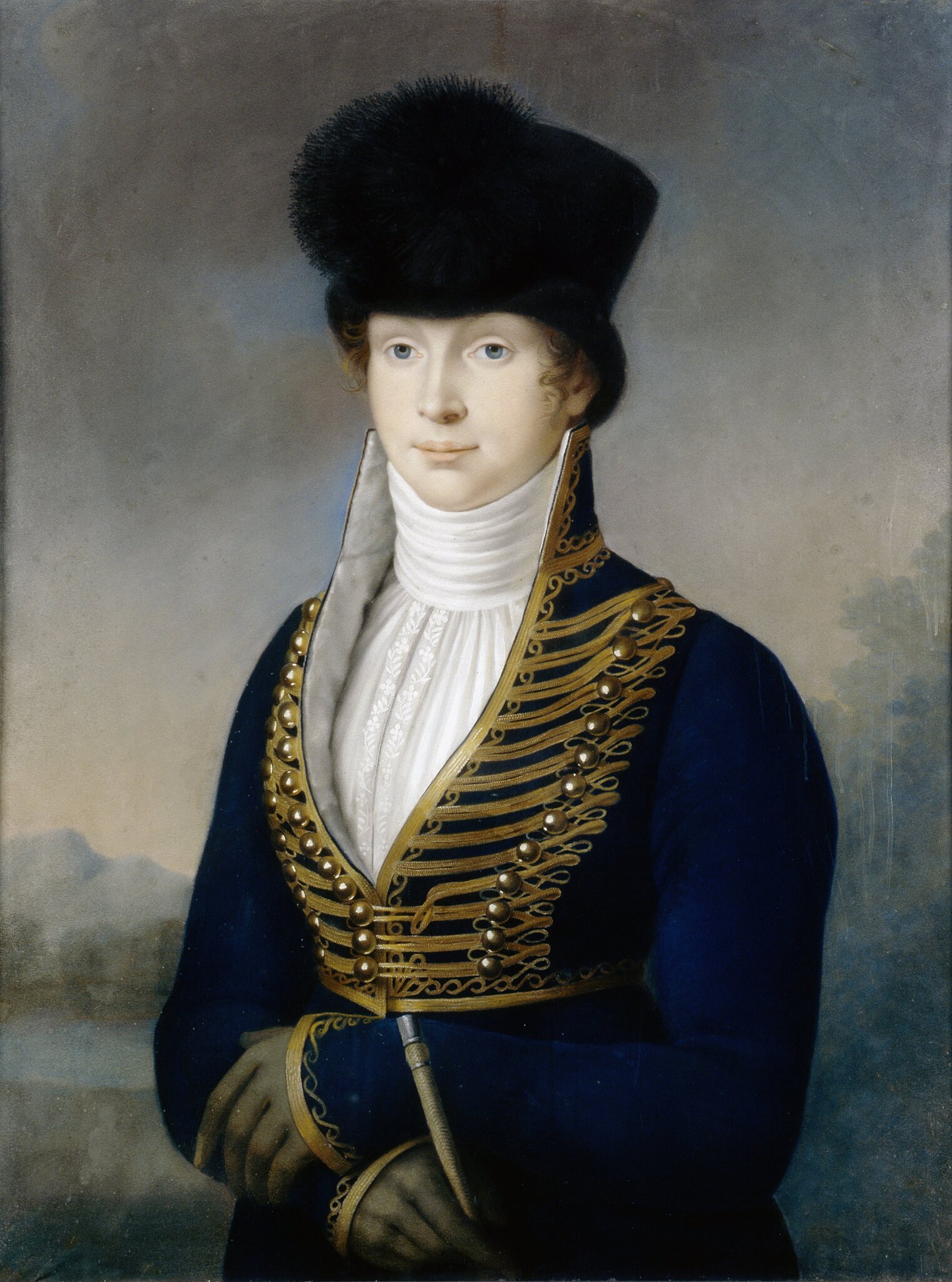 Portrait of Queen Louise of Prussia. She is wearing a riding habit trimmed in gold braid, topped with a hat with a very large pompom