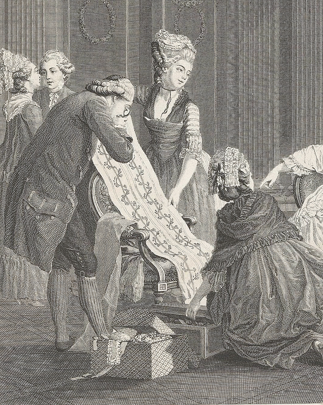 1770s engraving of a woman showing a length of fabric to two customers