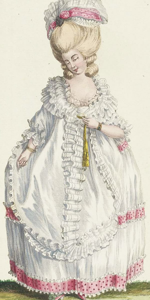 fashion plate of a 1770s woman draped in a long white silk mantle