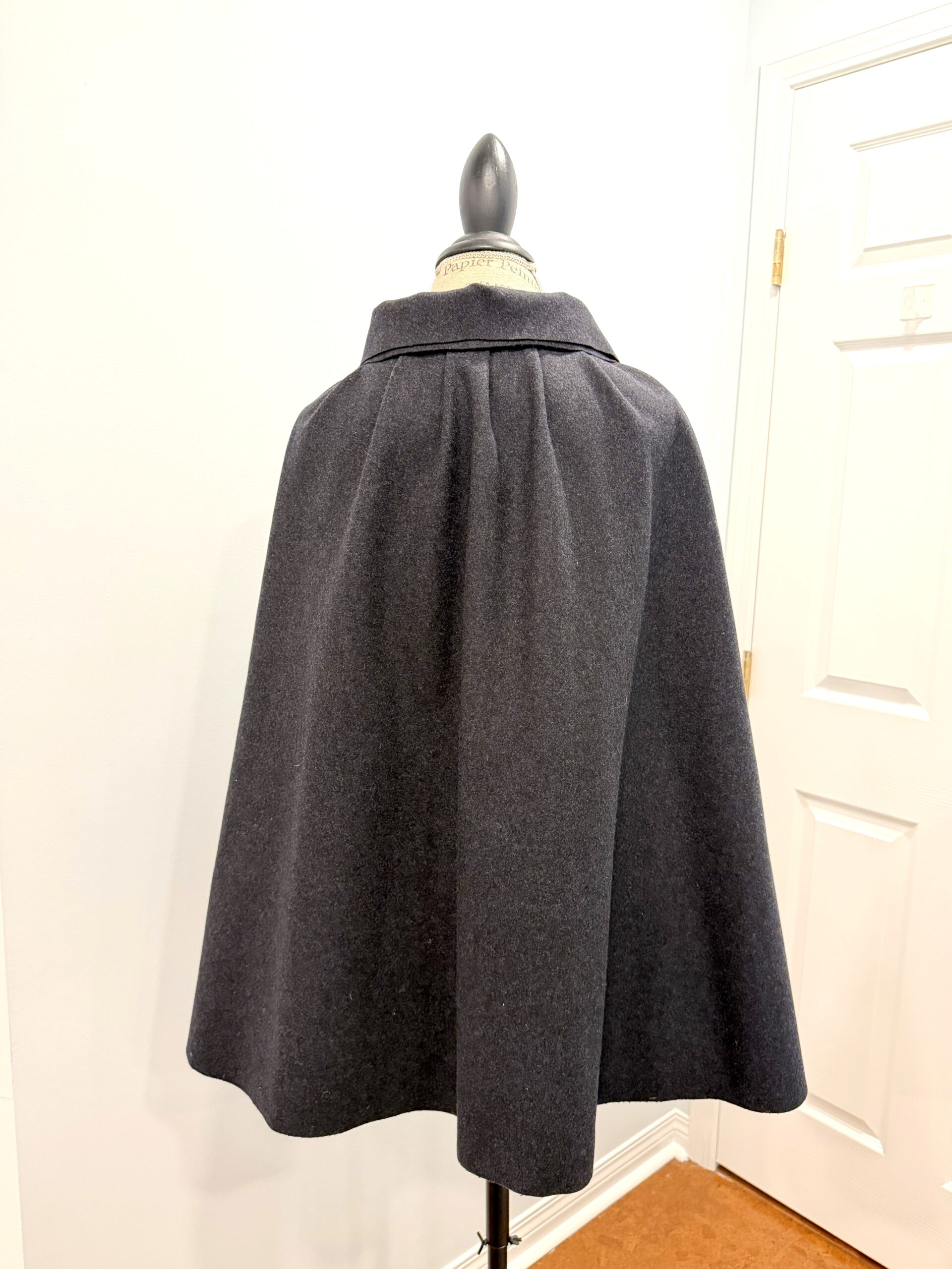back view of the Burnley and Trowbridge 18th Century Short Cloak in charcoal wool