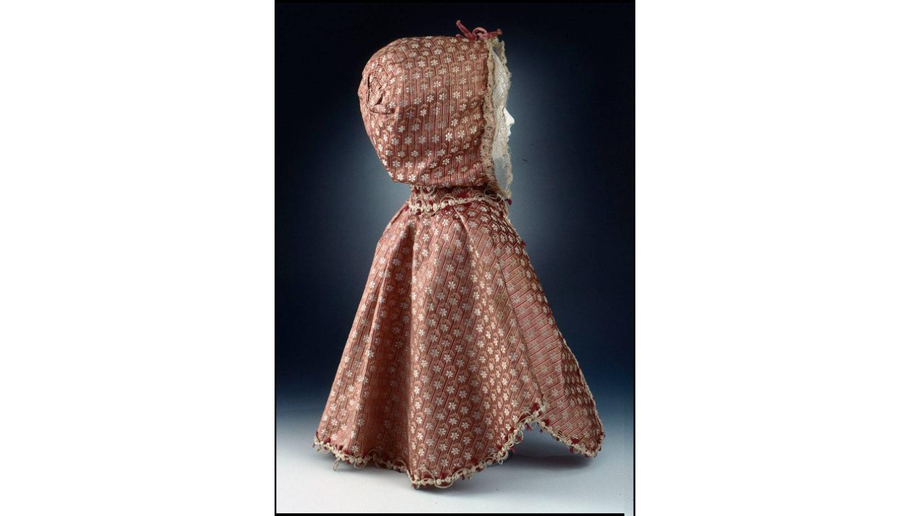 side view child's silk mantle in burgundy spotted silk