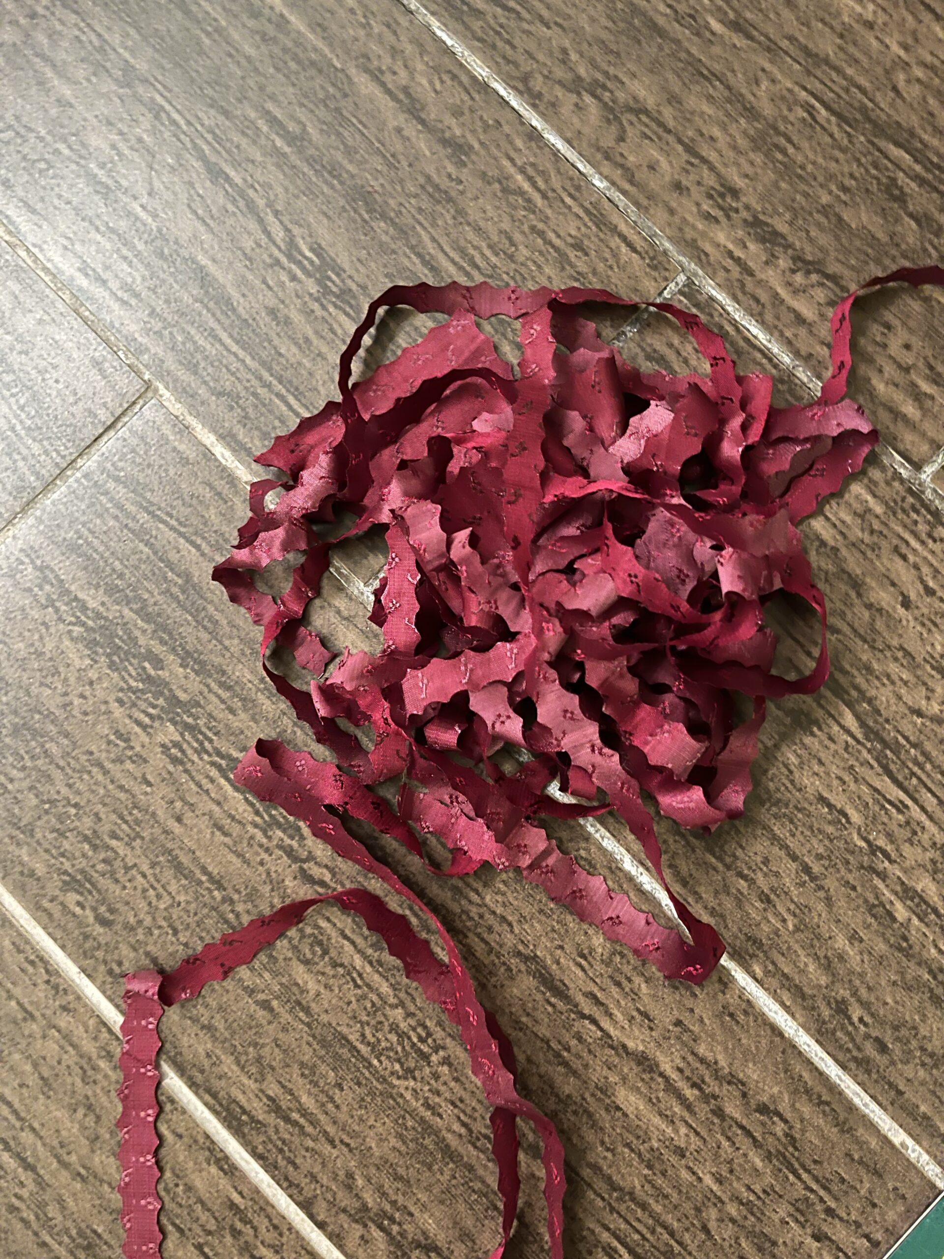 skinny scraps of red silk saree fabric