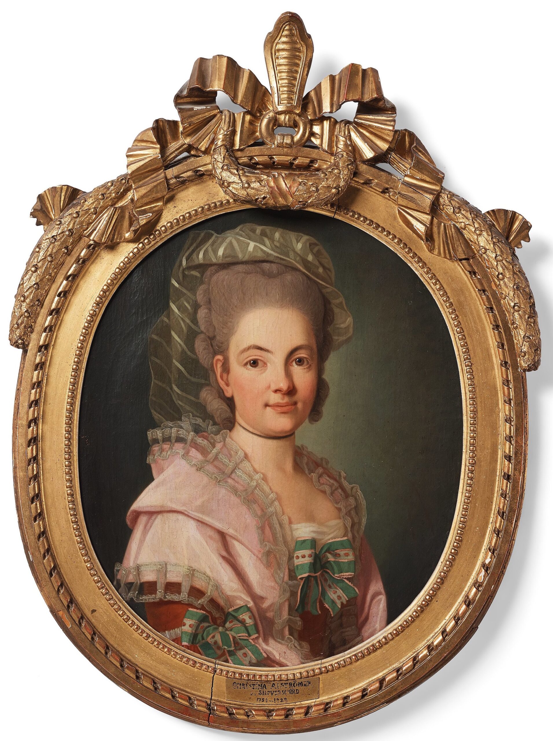 Portrait of woman wearing a pink mantelet trimmed with lace box pleats