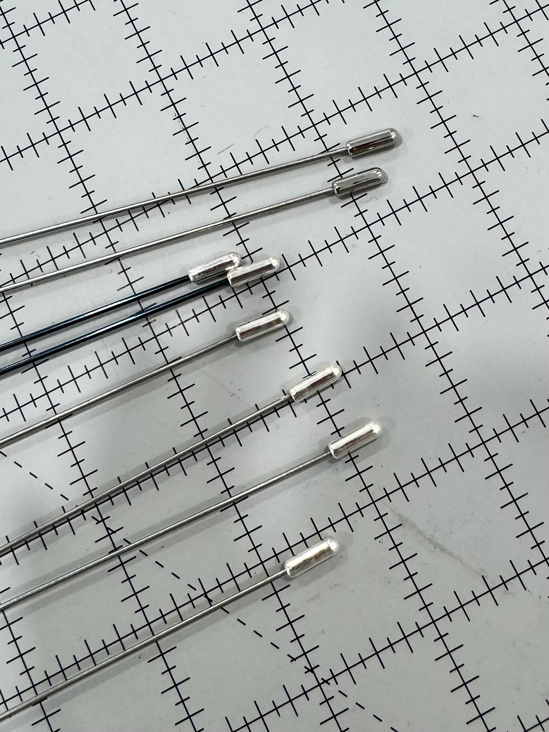 The sharp ends of hat pins covered by hat pin tips