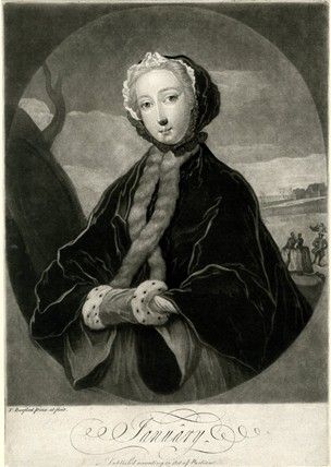 etched portrait of a young woman wearing a black velvet mantle. A brown fur tippet is twisted around her neck and she is wearing a white cap and a black velvet hood