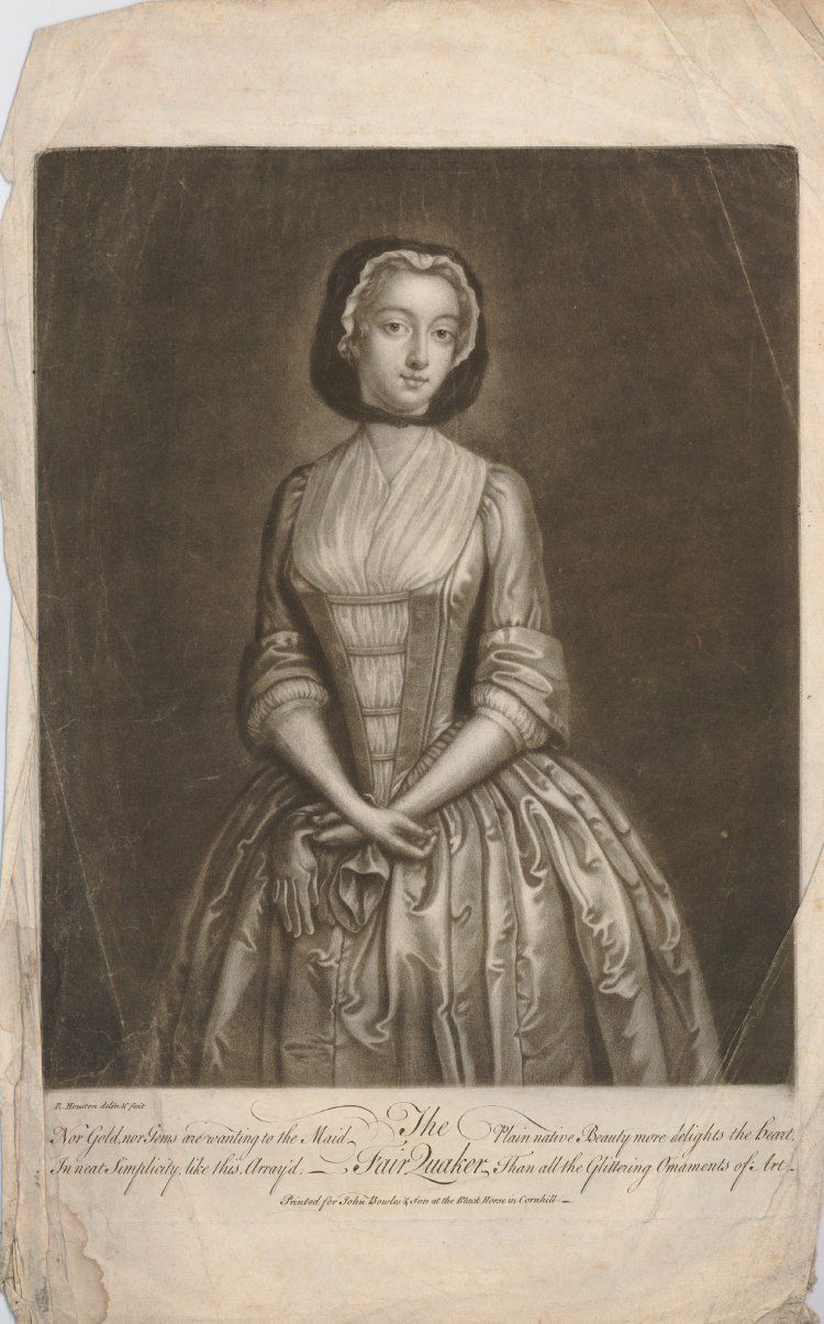 a 3/5 etched portrait of a young woman dressed in a silk gown and wearing a black silk hood