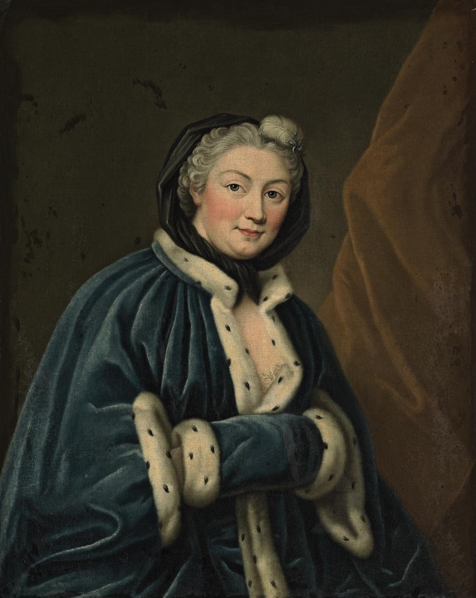 half portrait of a woman wearing a blue velvet pelisse trimmed with ermine fur, accessorized by a matching blue velvet muff and a black velvet hood