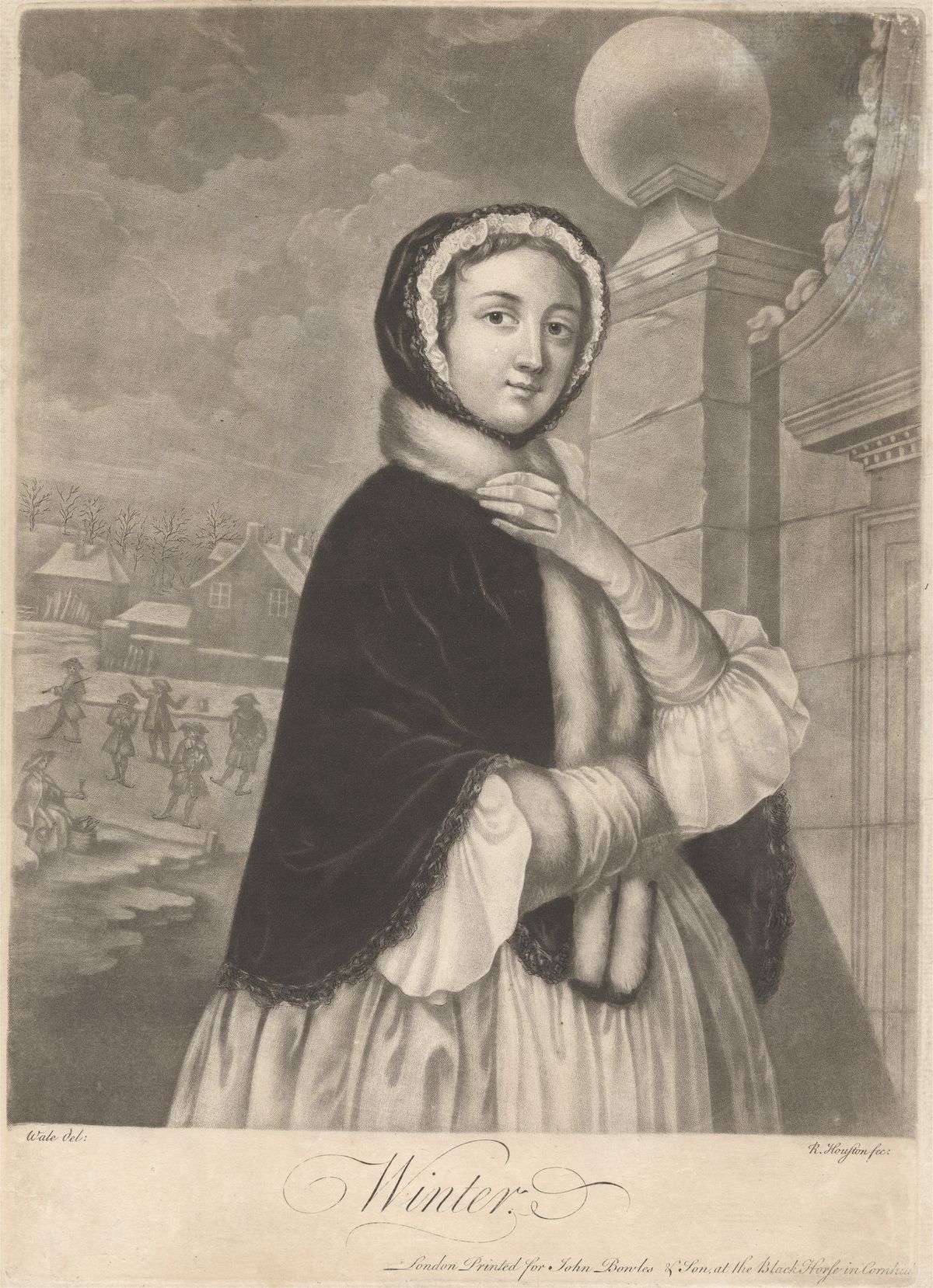 etched portrait of a young woman wearing a black velvet mantle. A white fur tippet is twisted around her neck and she is wearing a white cap and a black velvet hood