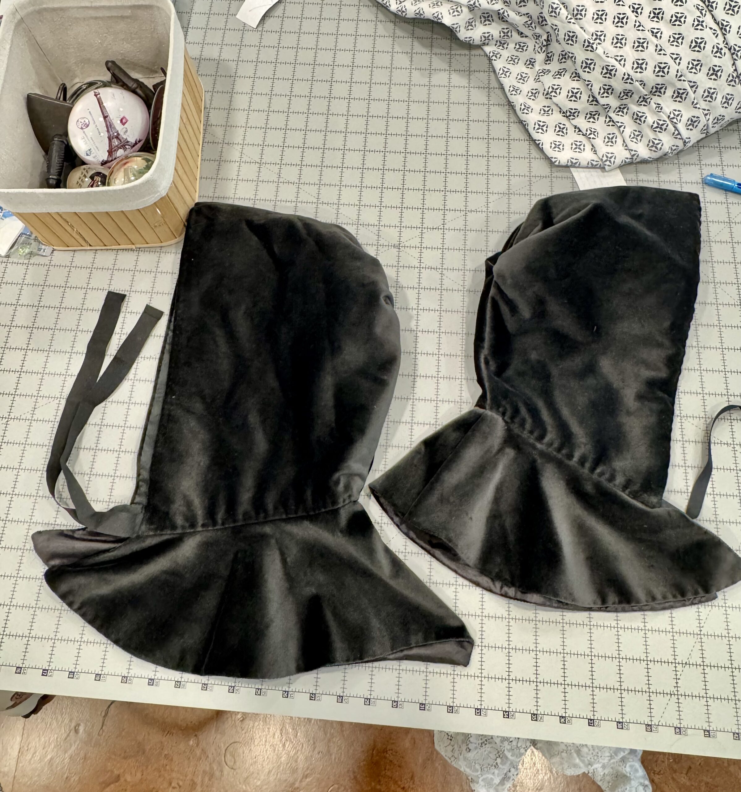 two 18th century velvet hoods with attached capelets