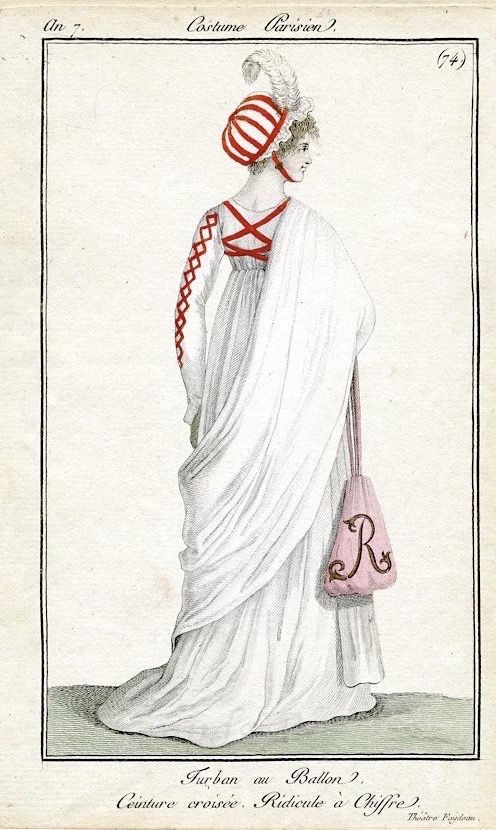 1790s fashion plate of white gown with crossover red ribbon trim