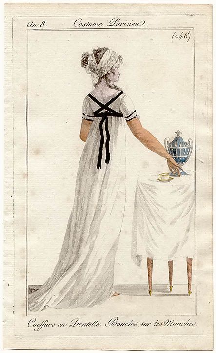 1790s fashion plate of white gown with crossover black ribbon trim