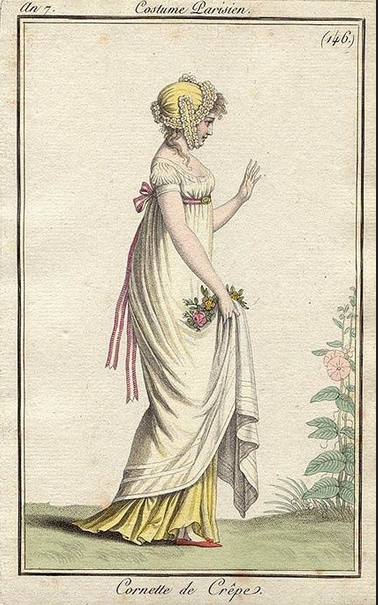 Fashion Plate showing a woman wearing a high long dress, holding up the white fabric to show a yellow underpetticoat