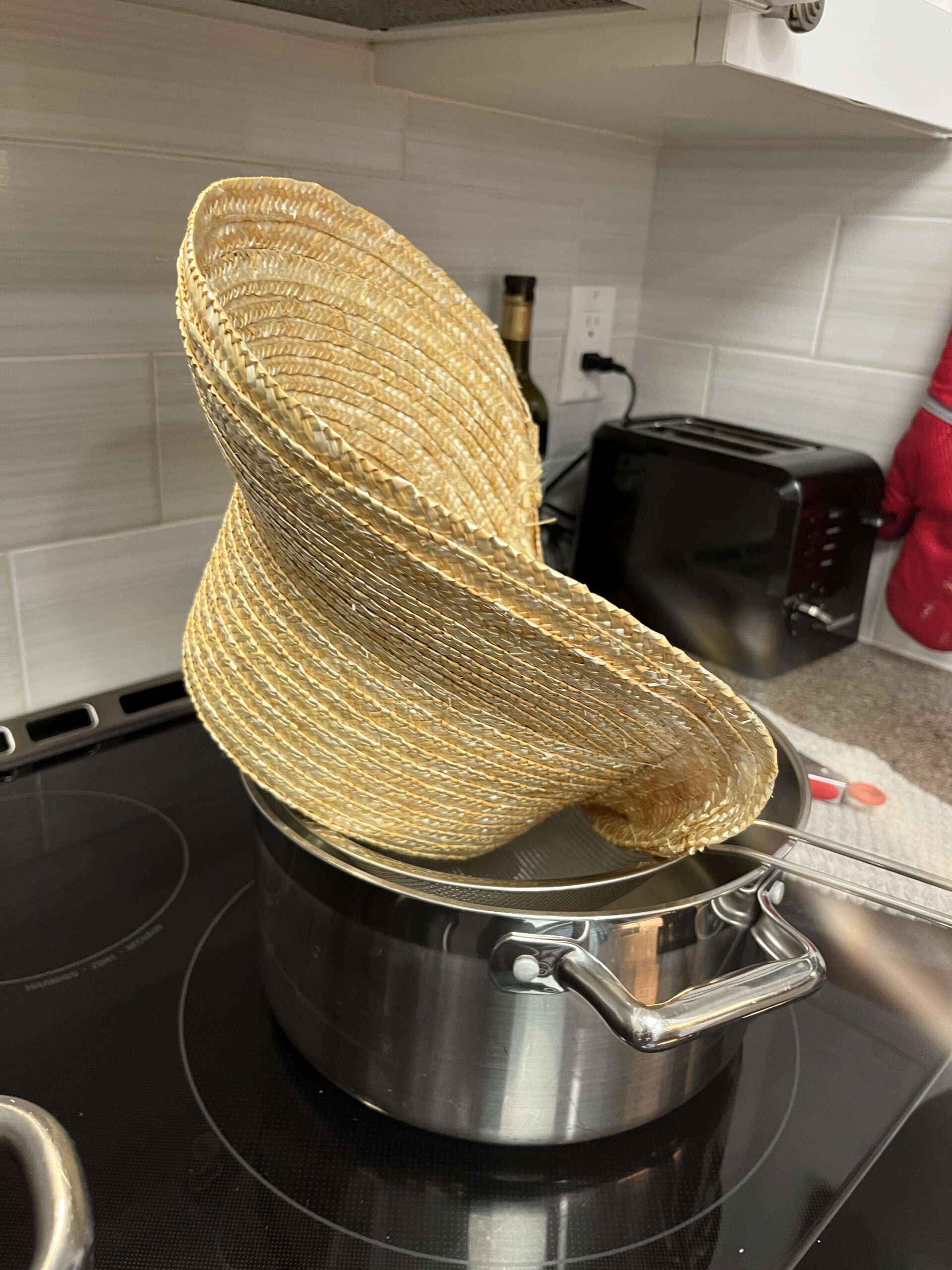 an experimental straw bonnet steaming over a pot of water on a stove