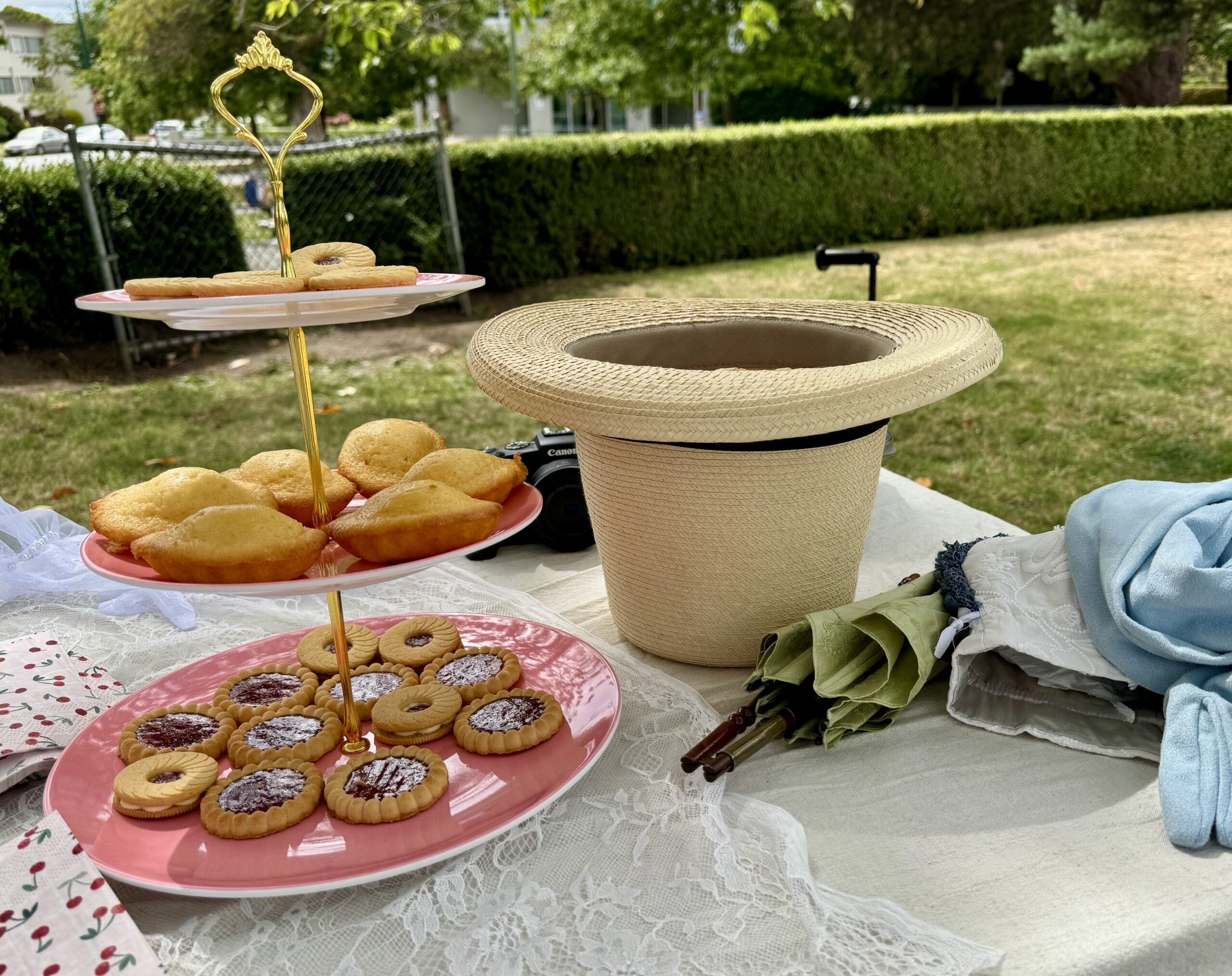 On a picnic table sits a pink 3-tier cake tray laden with teacakes. Next to it sit a top hat and gloves and folding parasol
