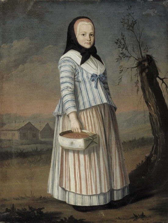A painting of a woman wearing a blue striped bedgown, a black striped petticoat, and a red striped apron. On her head is a plain black kerchief. She is carrying a basket.