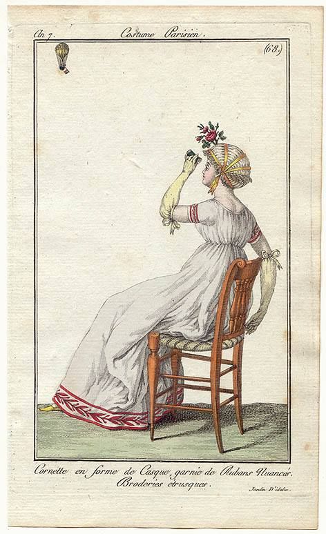 1790s fashion plate of a seated woman wearing white gown with red ribbon trim