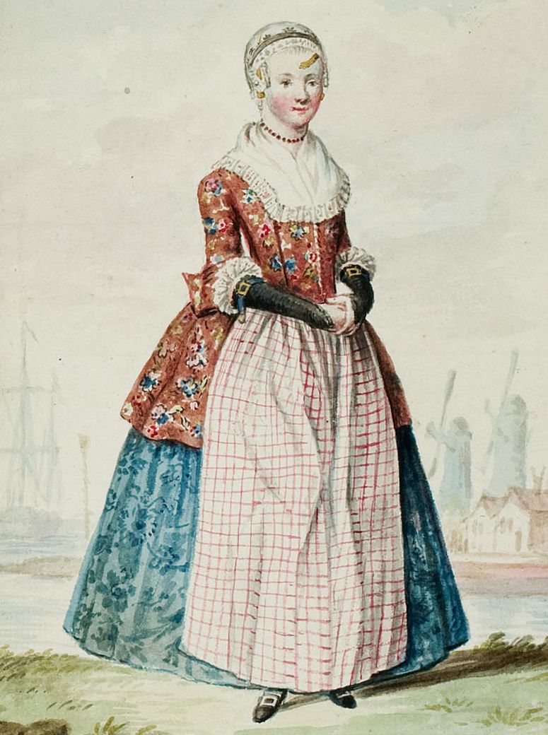 A 1770s print showing a woman wearing jacket, petticoat in chintz prints - she is wearing with it a red check apron