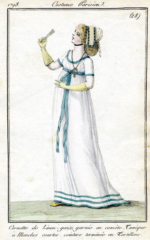 1790s fashion plate of white gown with blue ribbon trim