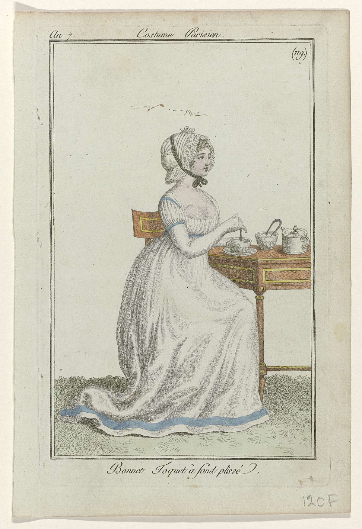 1790s fashion plate of a seated woman wearing white gown with blue ribbon trim