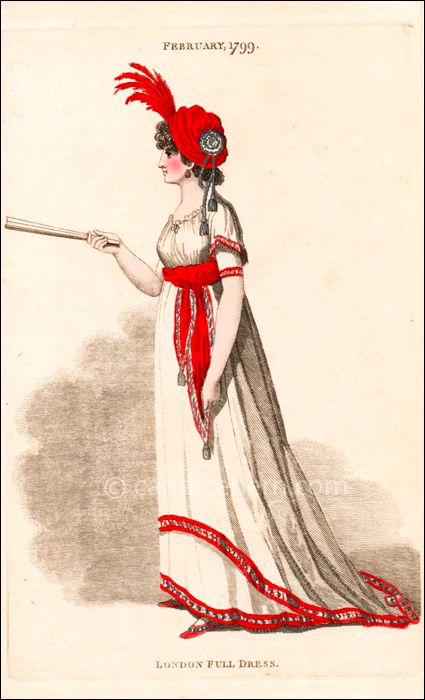 1790s fashion plate of white gown with red sash and red stripe trim
