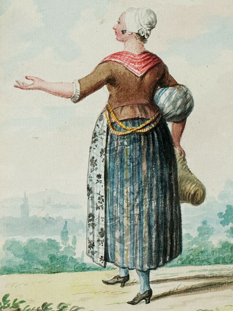 a 1770s print showing a woman in a brown shortgown, a blue striped petticoat and a black and white chintz apron