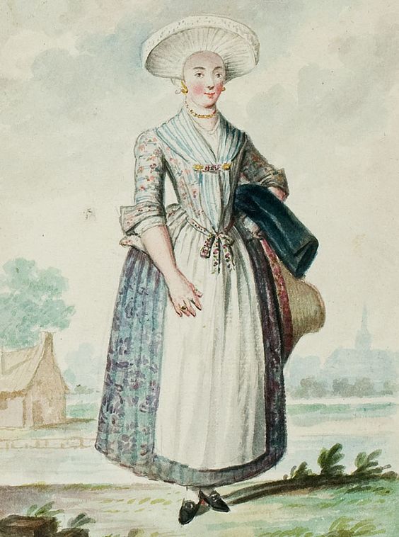 A 1770s print showing a woman wearing jacket, petticoat in chintz prints - she is wearing with it a blue striped kerchief and a white apron.