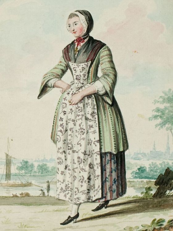 a 1770s print showing a woman wearing a green striped bedgown and long chintz pinner apron