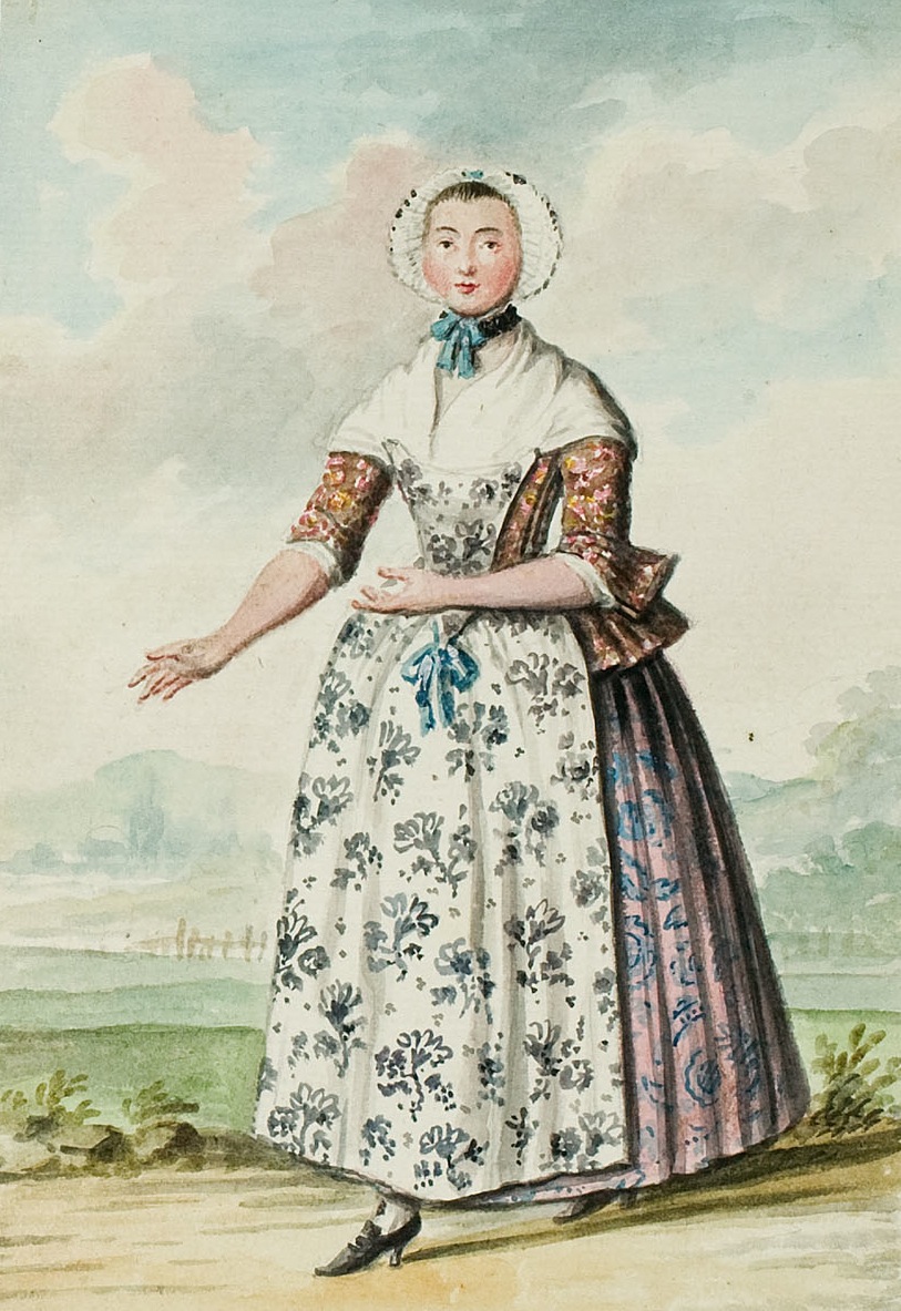 A 1770s print showing a woman wearing jacket, petticoat and apron all made of different colors and prints of chintz.