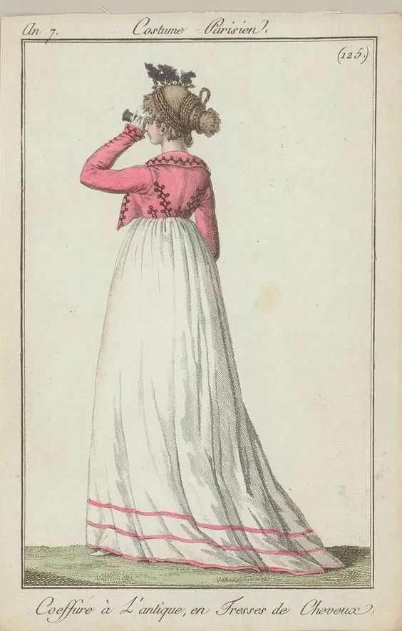 1790s fashion plate of white gown with pink racing stripe trim
