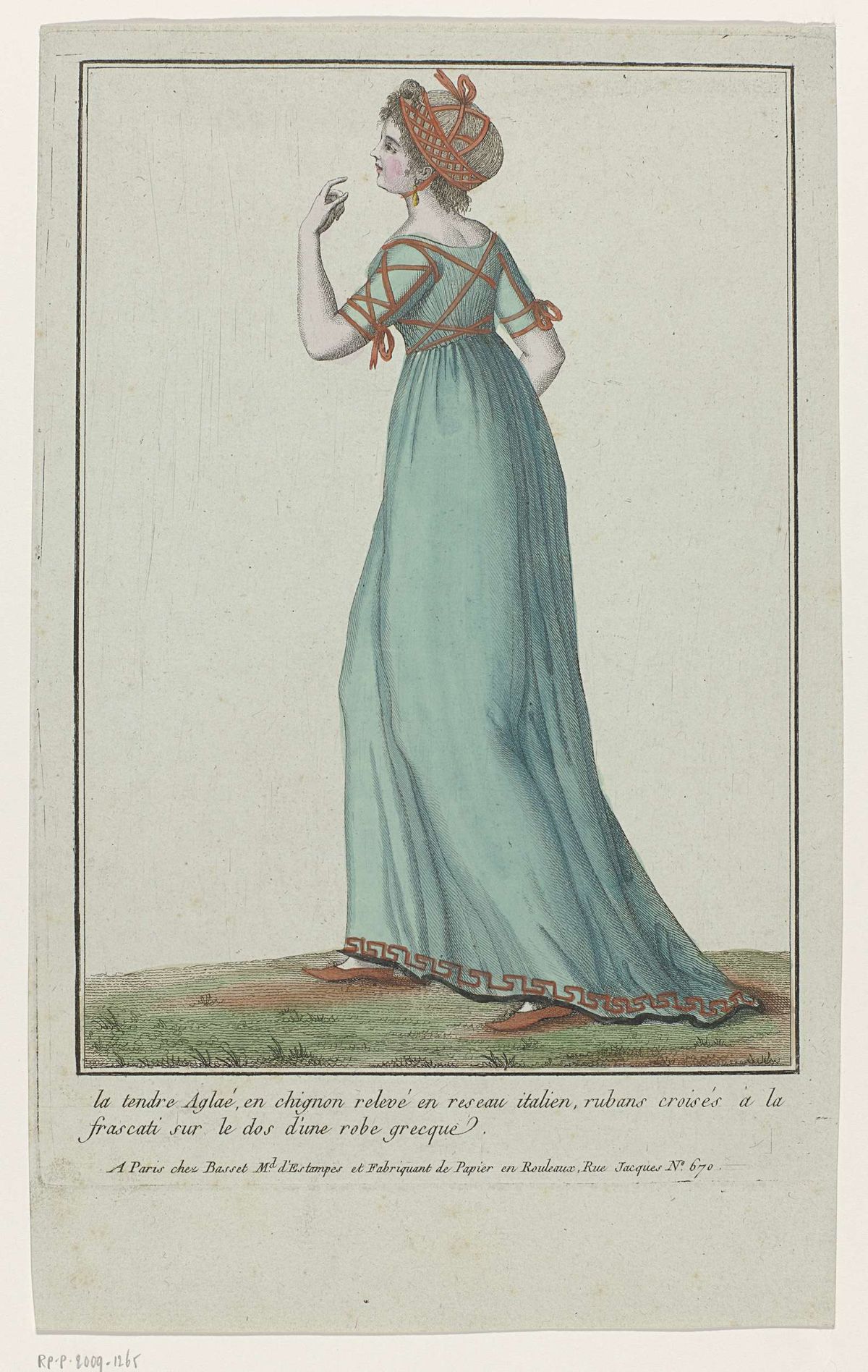 1790s fashion plate of blue gown with crossover red ribbon trim
