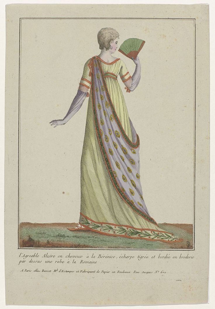 1790s fashion plate of blue gown with crossover red ribbon trim