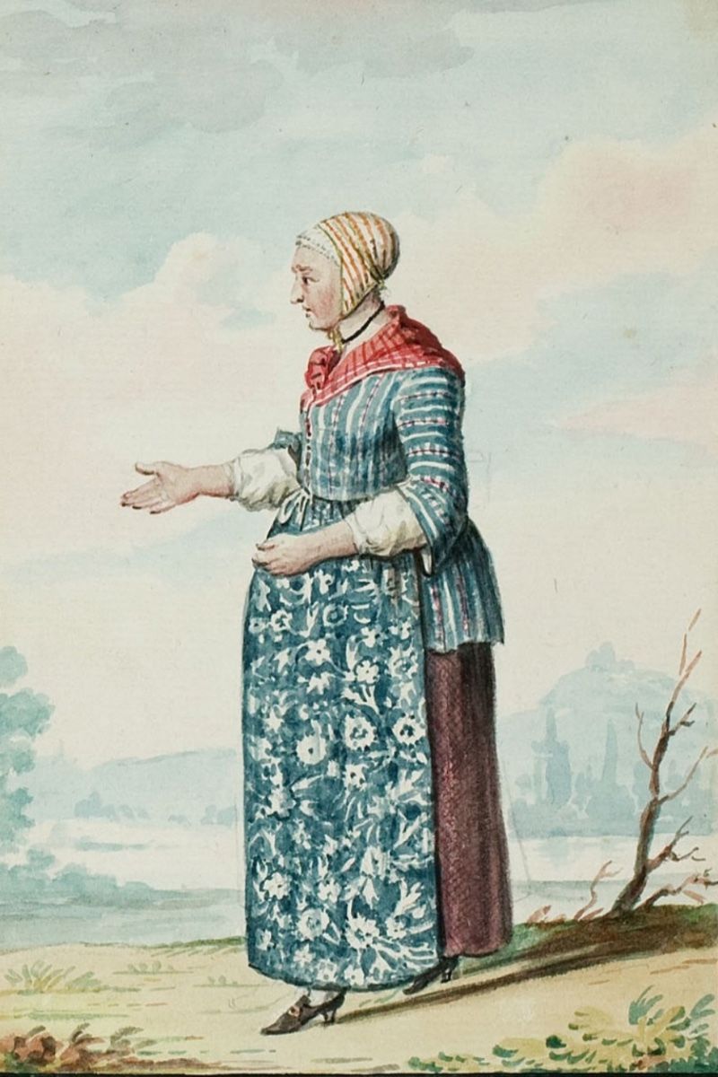 A 1770s print showing a woman wearing blue striped bedgown, a brown petticoat and a blue chintz apron